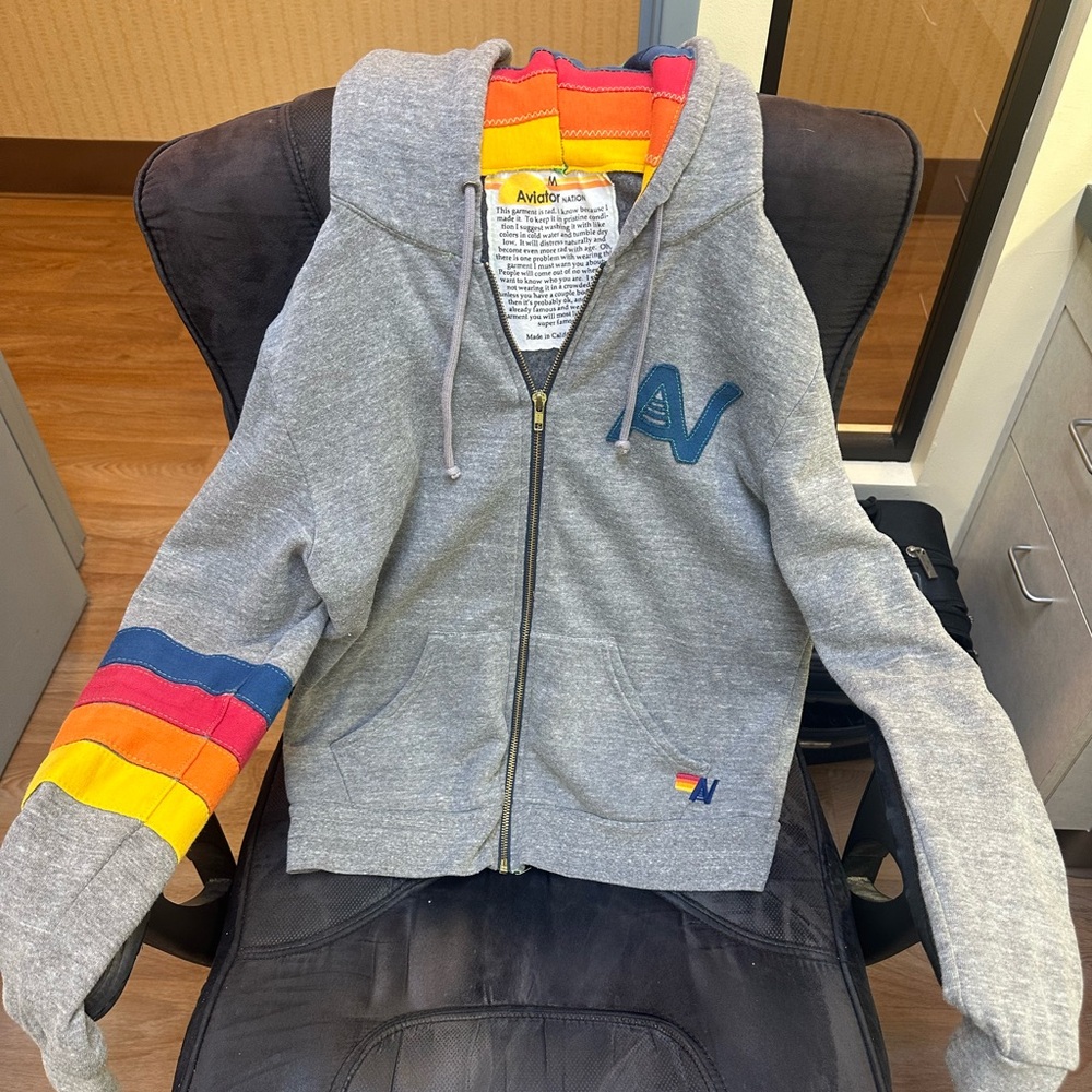 Aviator Nation Gray Hoodie with Rainbow Stripes
